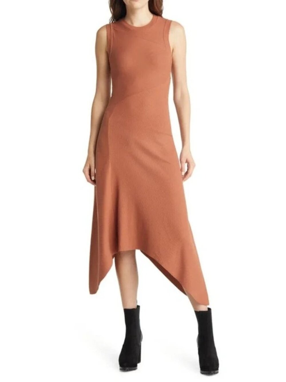 All Saints Gia Sleeveless Rust Asymmetrical Ribbed Midi Dress Size 6